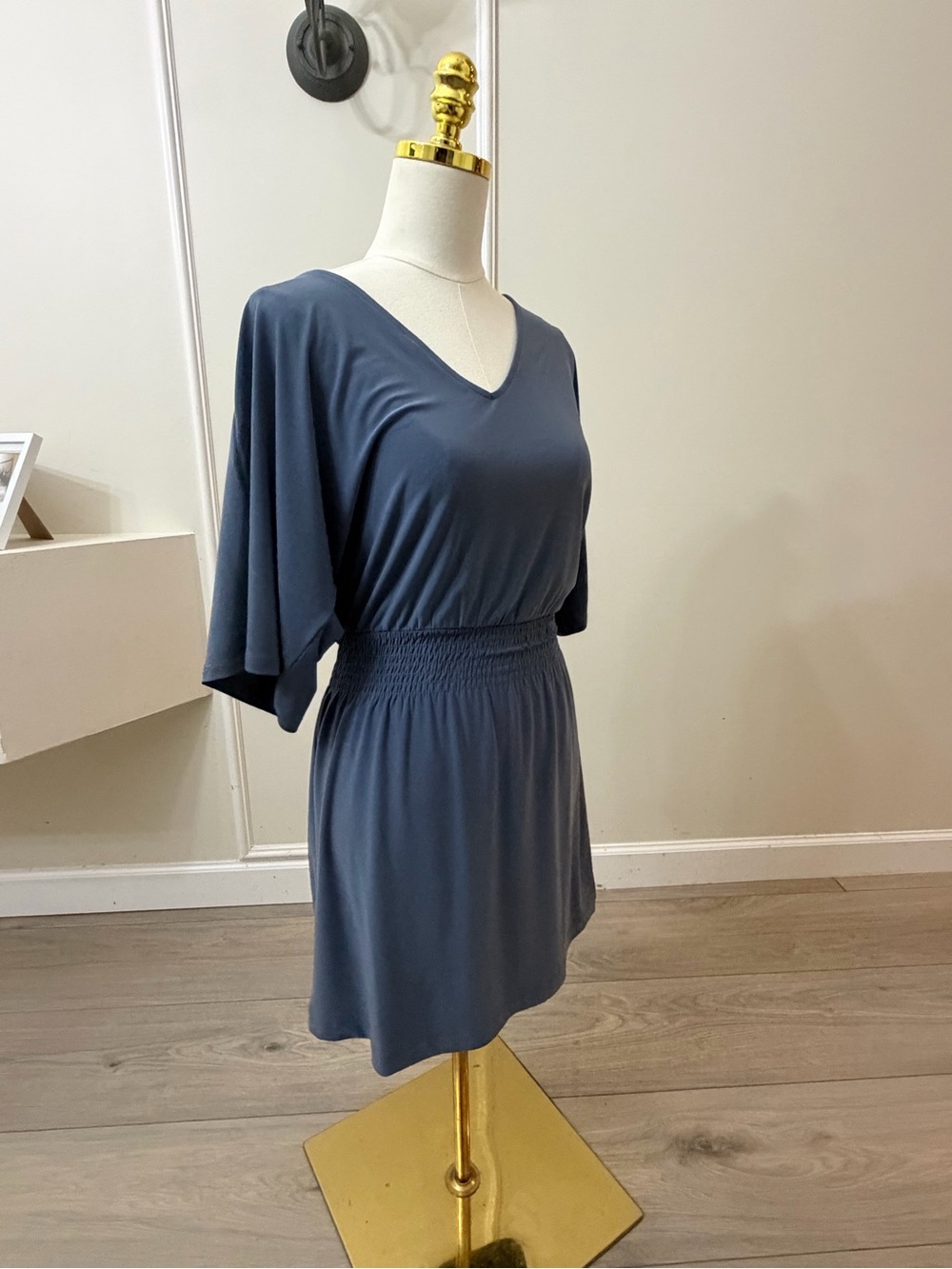 White House Black Market Dusty Blue V-Neck Smocked-Waist Midi Dress - Picture 5 of 6